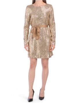 Ramy Brook Gold Sequin Long-Sleeve Tie-Waist Dress